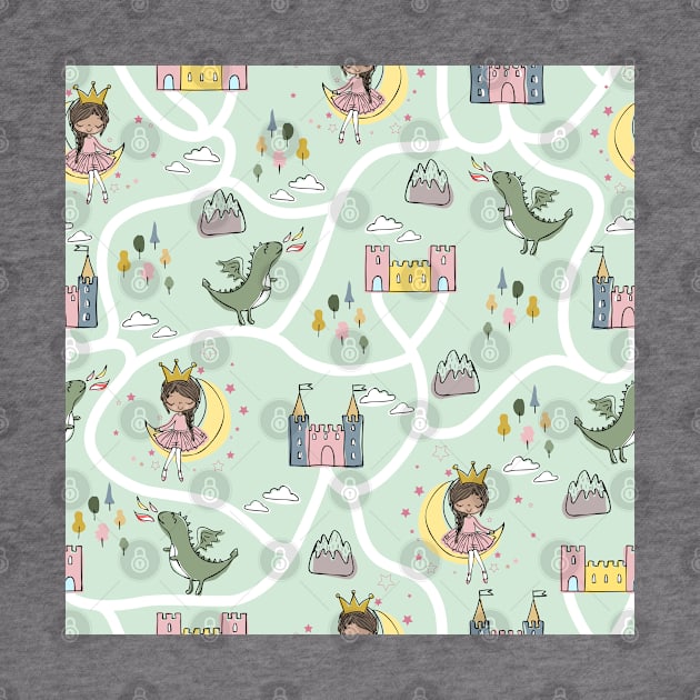 Childish seamless pattern with princess and dragon green background by Arch4Design